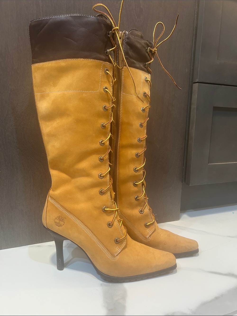 Timberland Women's Lace-Up Tall Boots in Mustard and Dark Brown